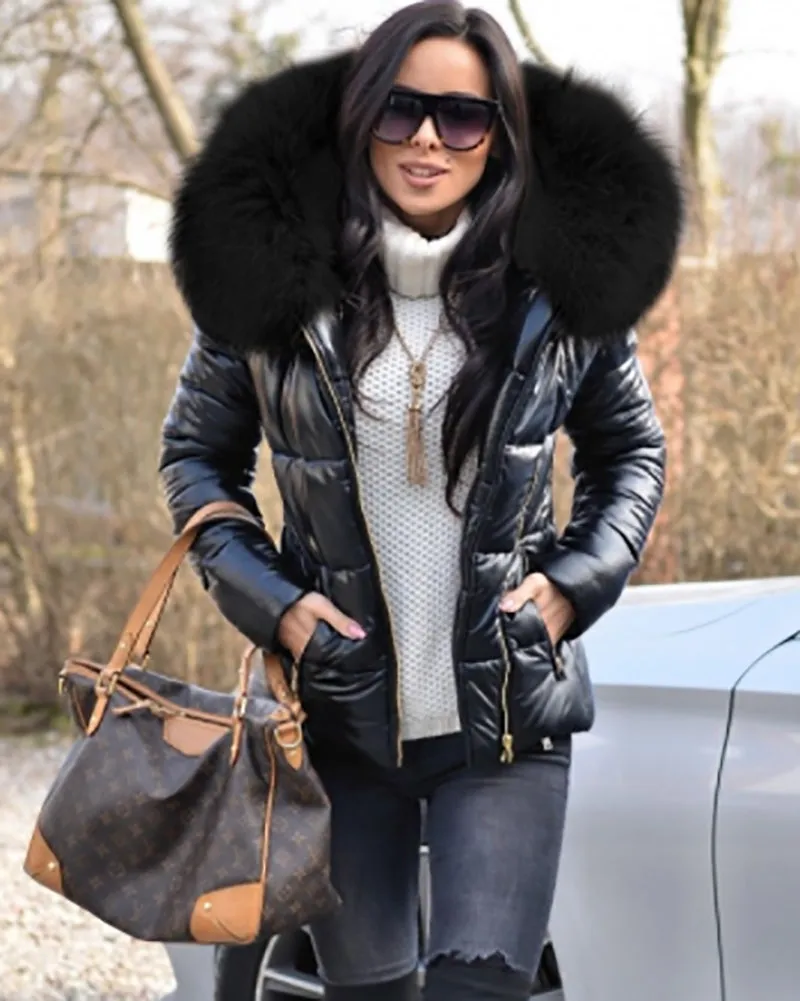 Aofur Womens Winter Puffer Coat Faux Fur Collar Hooded Down Jacket Parka Black Outerwear S-XXXL