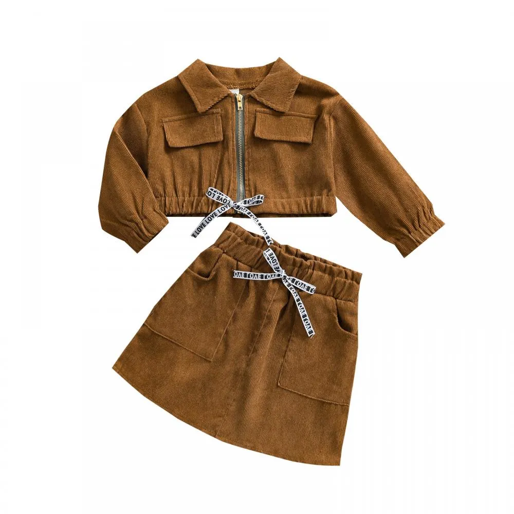 Autumn And Winter Girls Suit Corduroy Zipper Jacket Short Skirt Suit Wholesale Girl Clothing