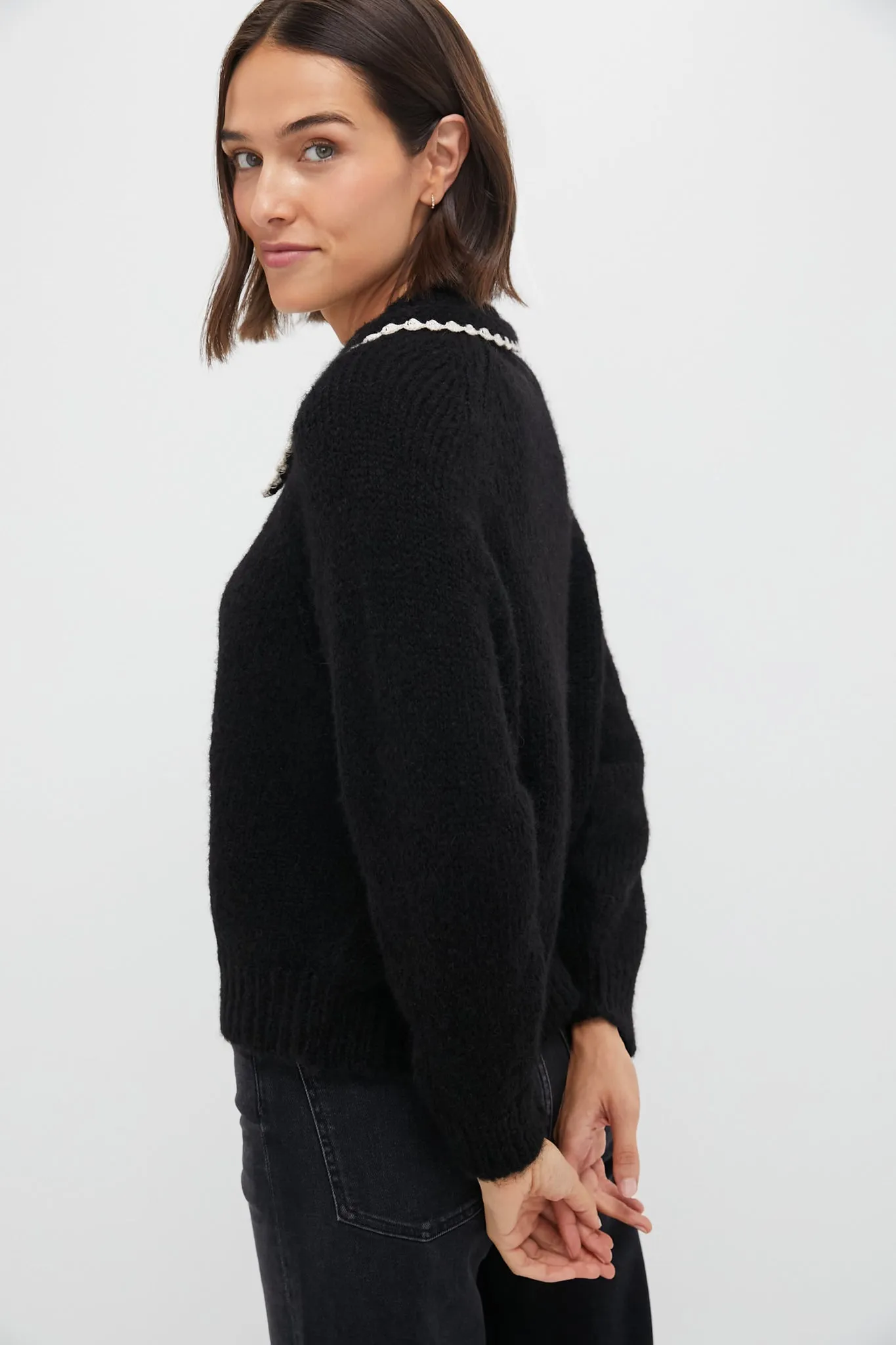 Black with Soft White The Crochet Collar Pullover