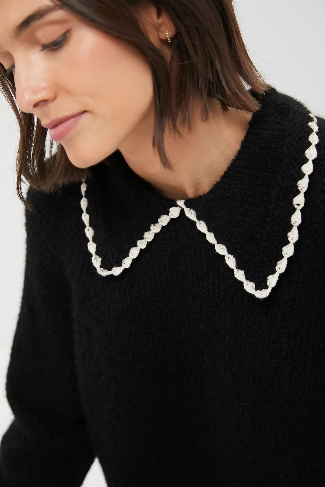 Black with Soft White The Crochet Collar Pullover