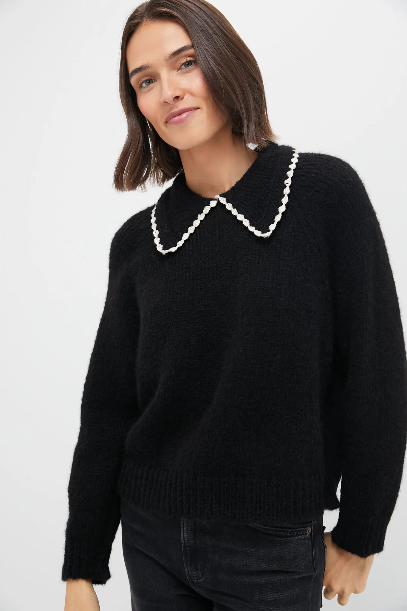 Black with Soft White The Crochet Collar Pullover