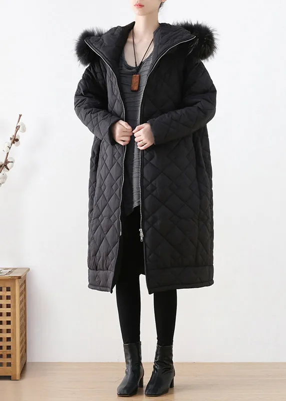 Blck Plaid Thick Hooded Long Parka Winter