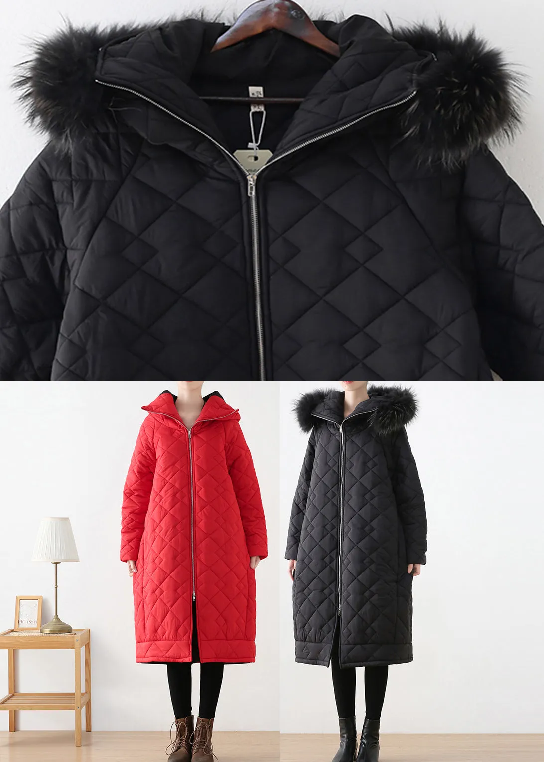 Blck Plaid Thick Hooded Long Parka Winter