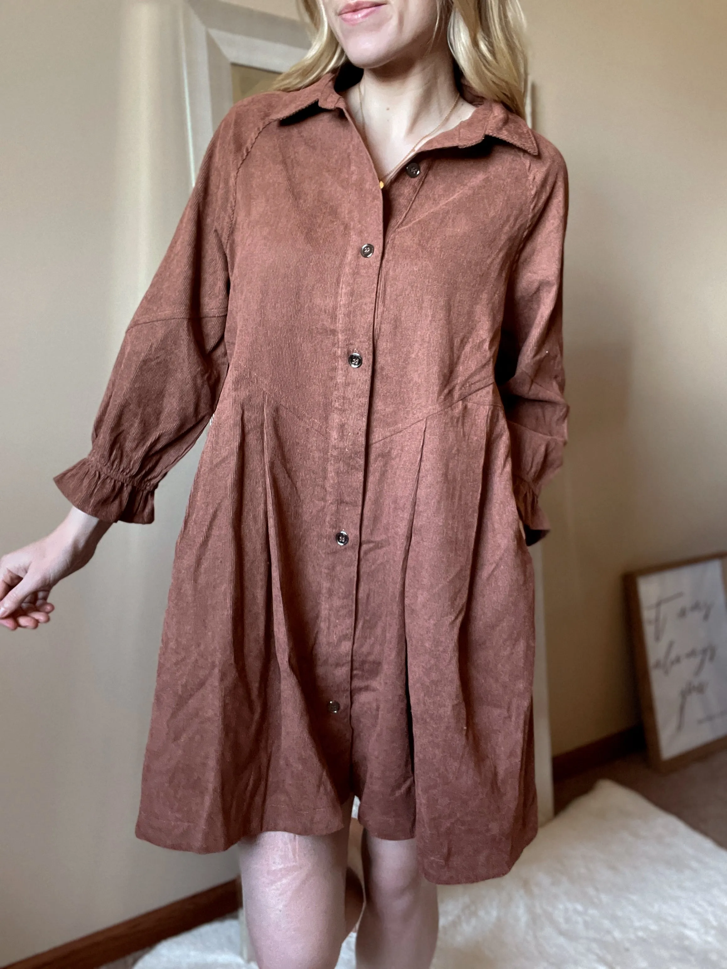 Brown Corduroy Button Down Dress