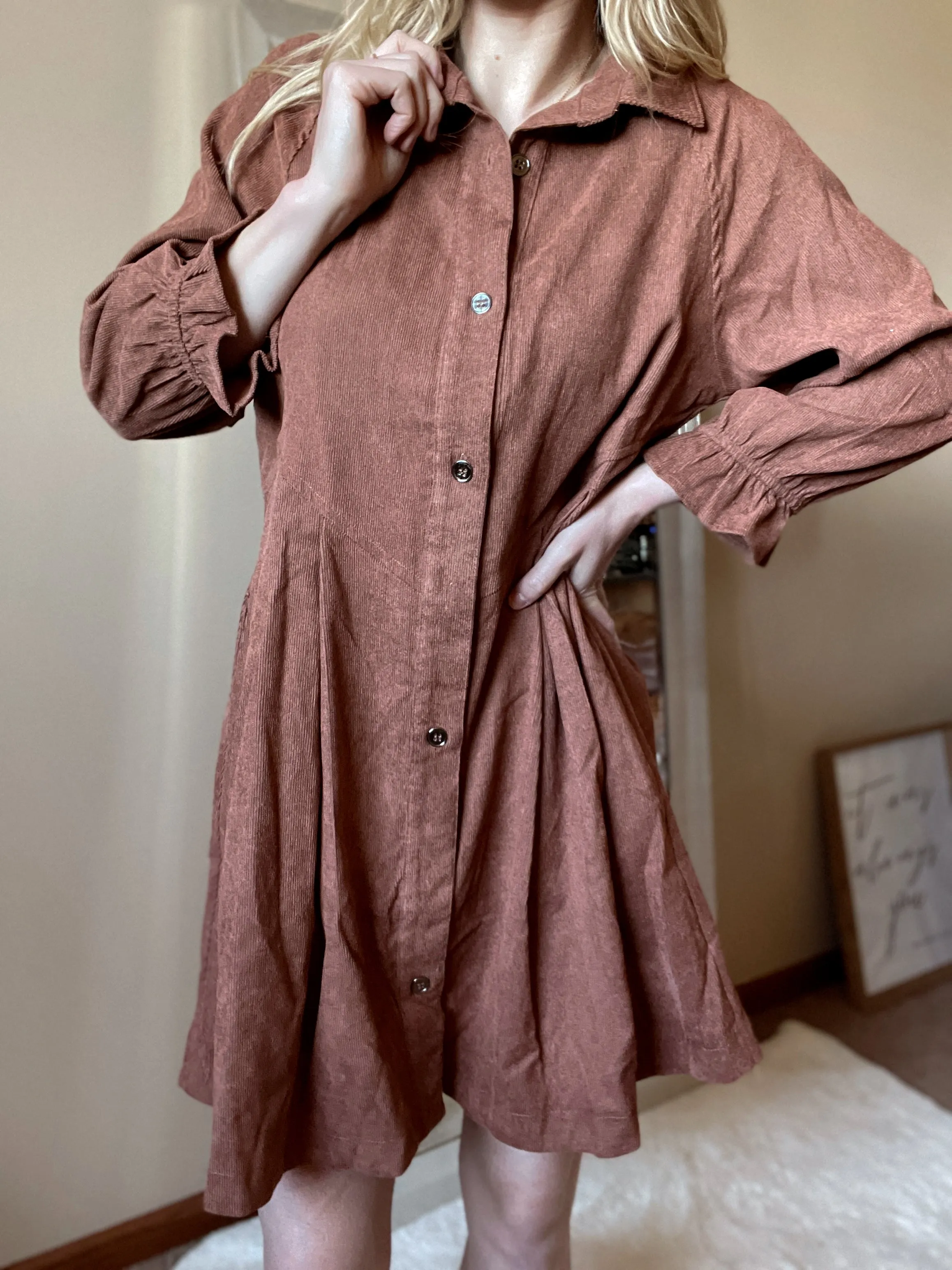 Brown Corduroy Button Down Dress