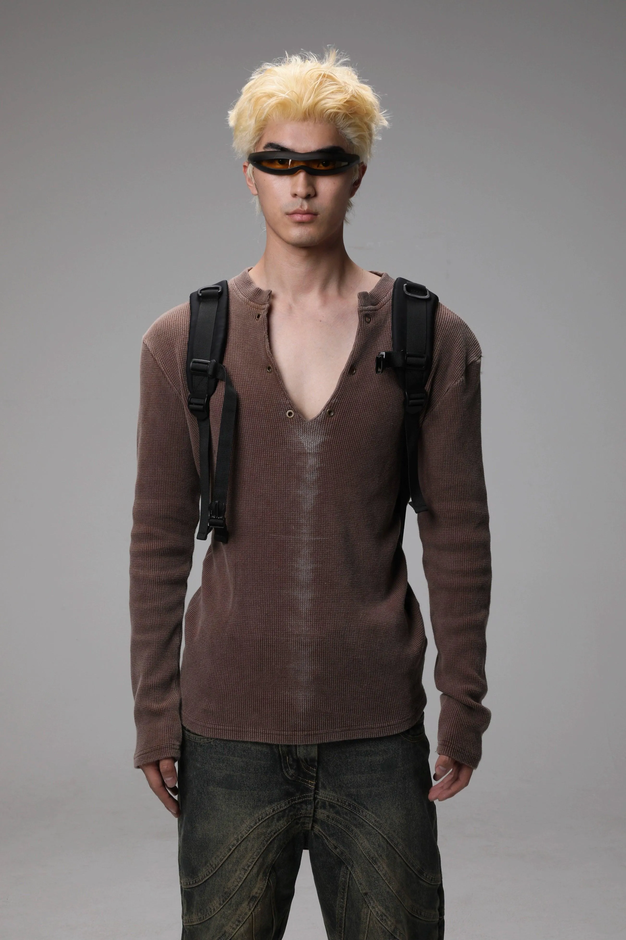 Brown Textured V-Neck Sweater