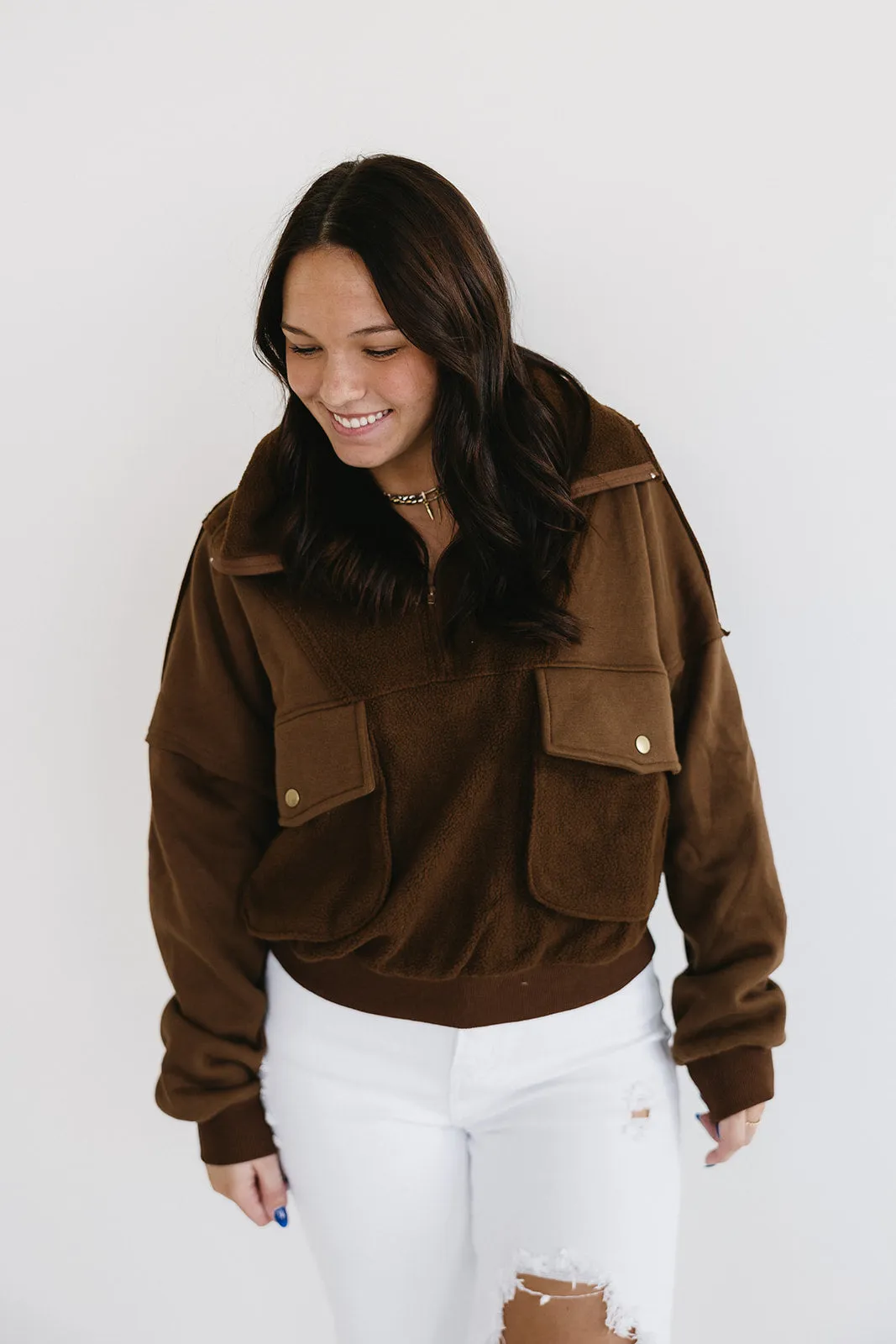 Brylane Quarter Zip Pullover - Brown