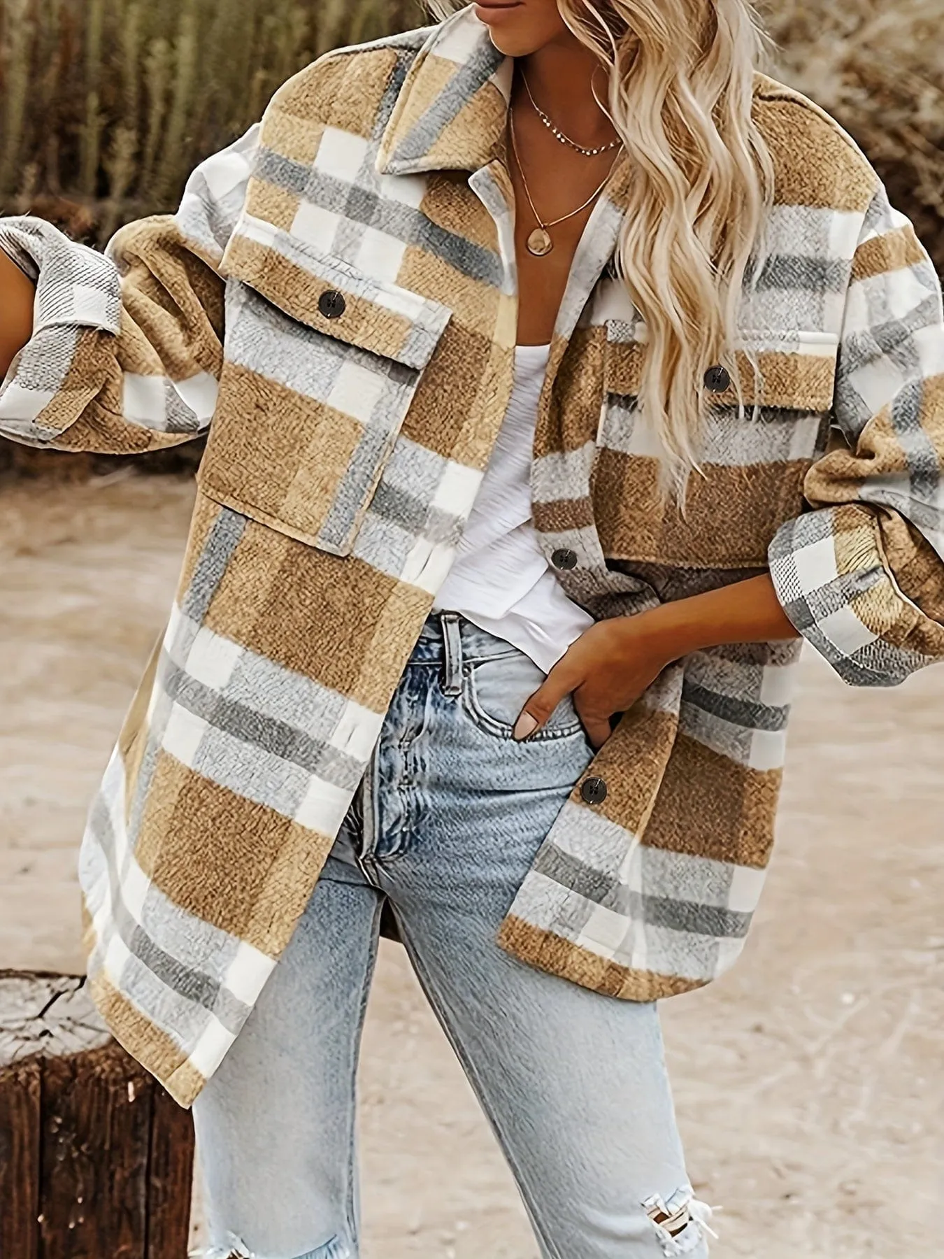 Button-Front Plaid Oversized Shirt