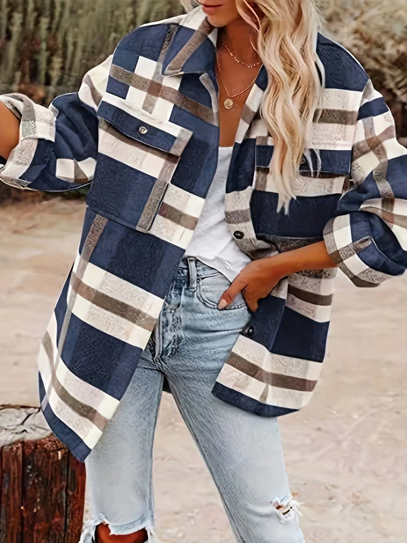 Button-Front Plaid Oversized Shirt