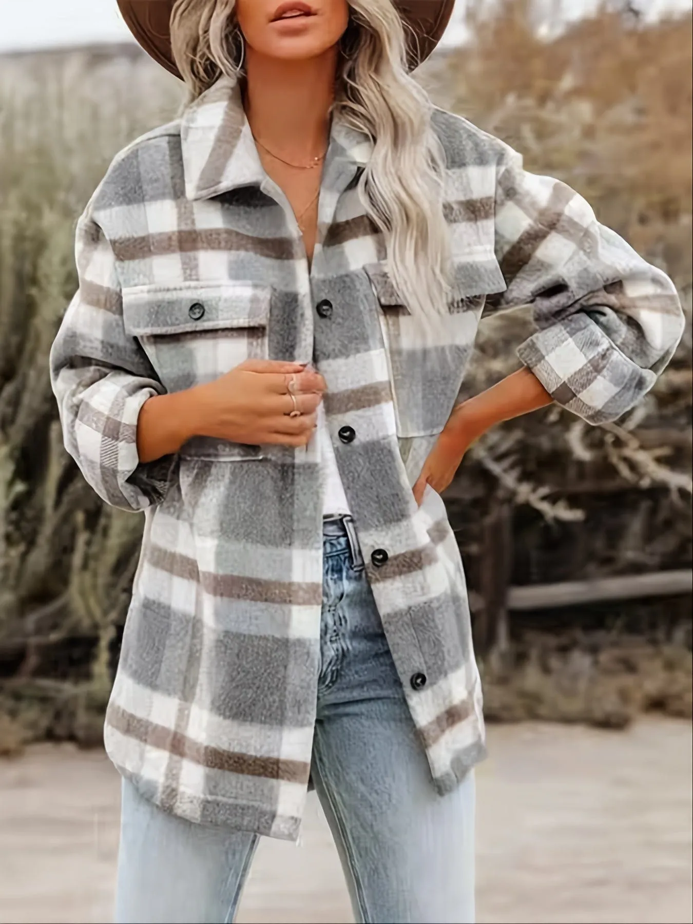 Button-Front Plaid Oversized Shirt