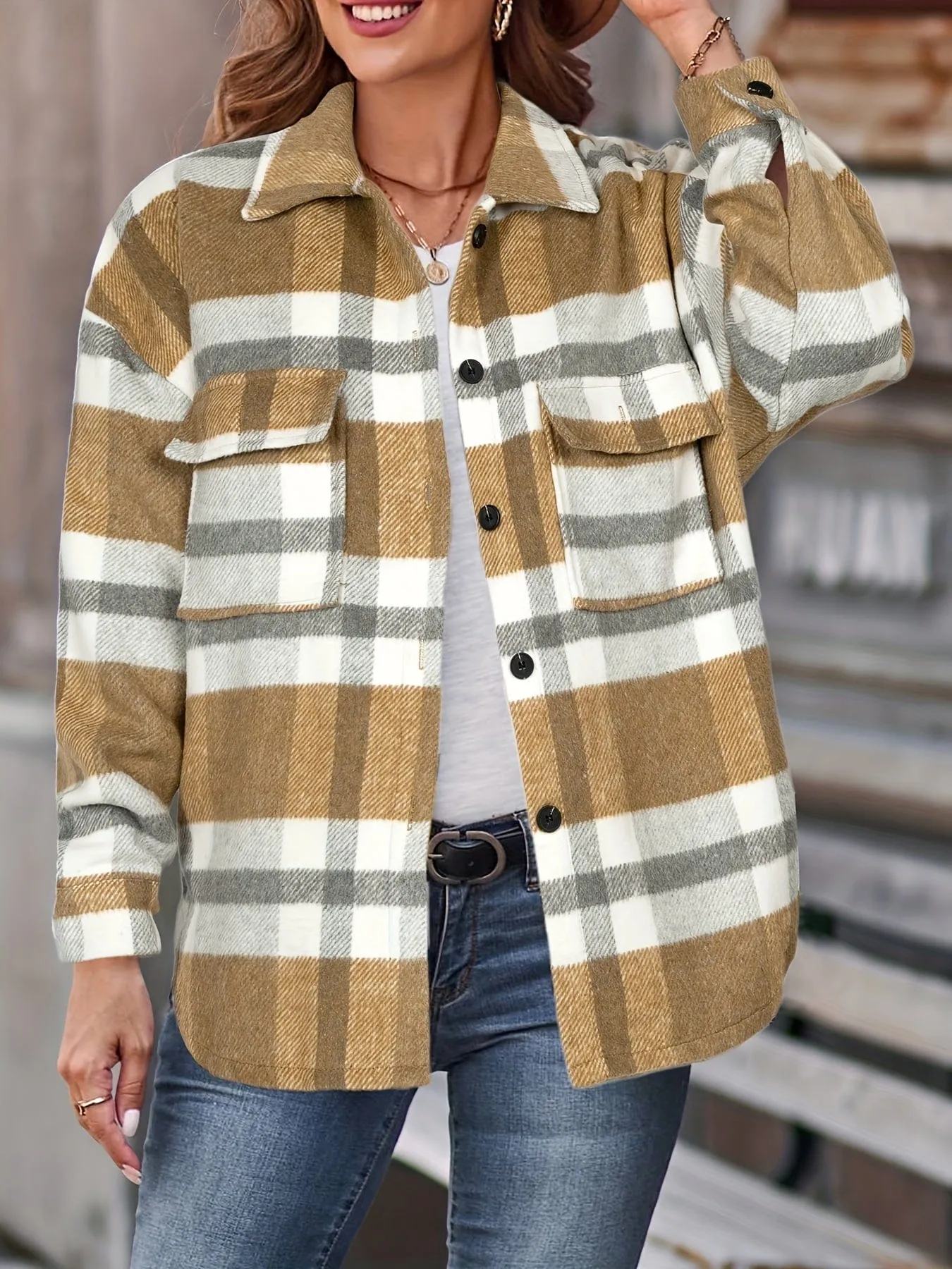 Button-Front Plaid Oversized Shirt