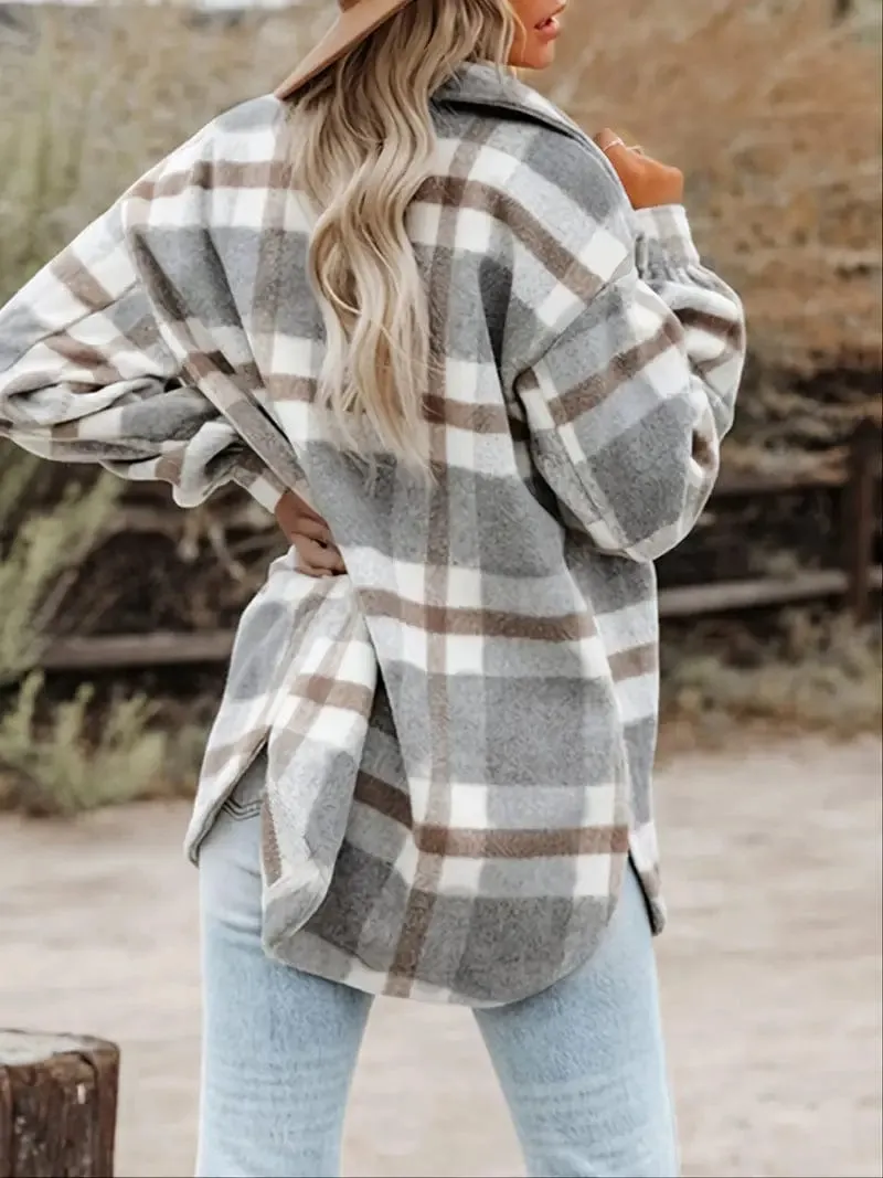 Button-Front Plaid Oversized Shirt