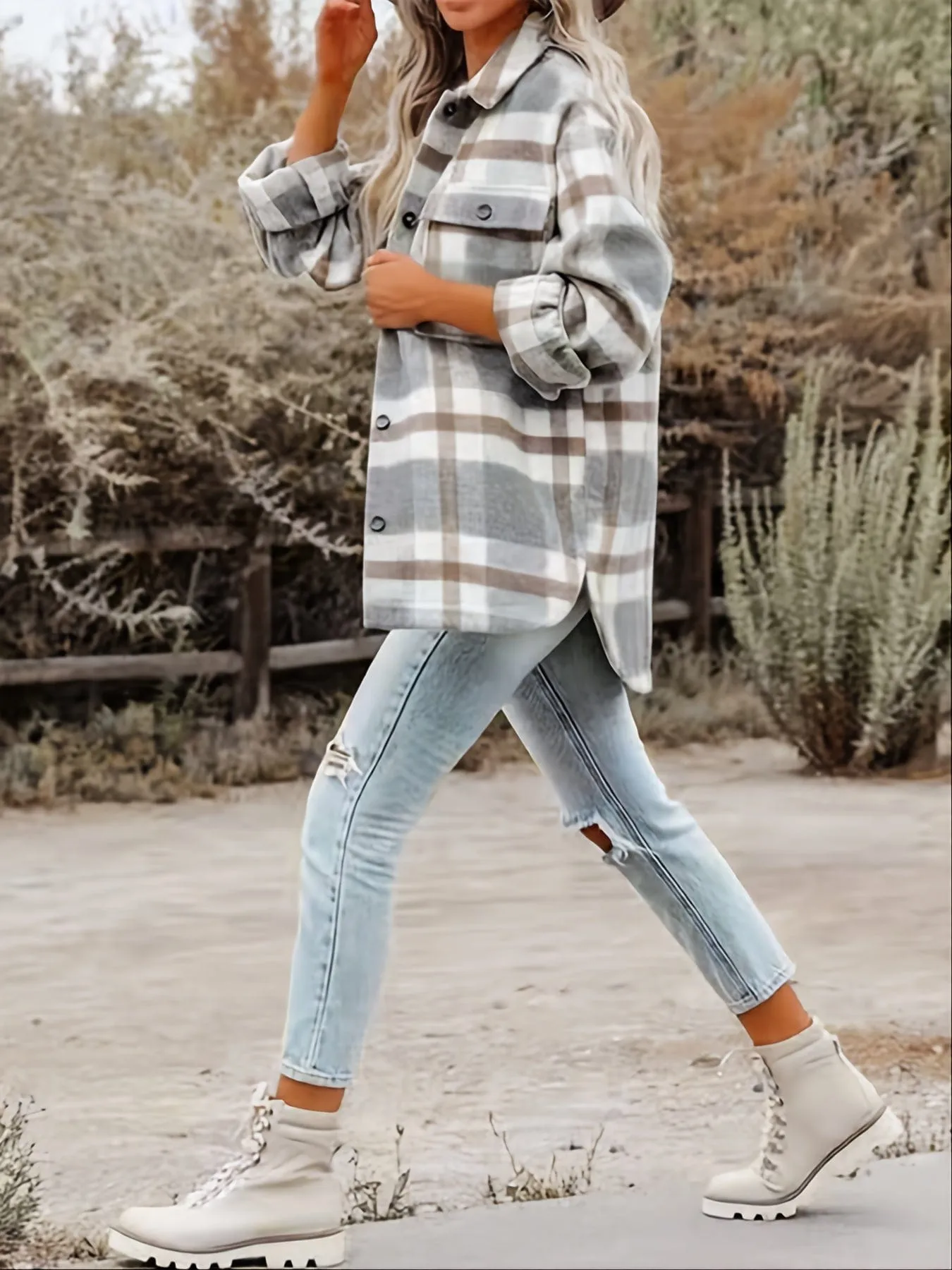 Button-Front Plaid Oversized Shirt