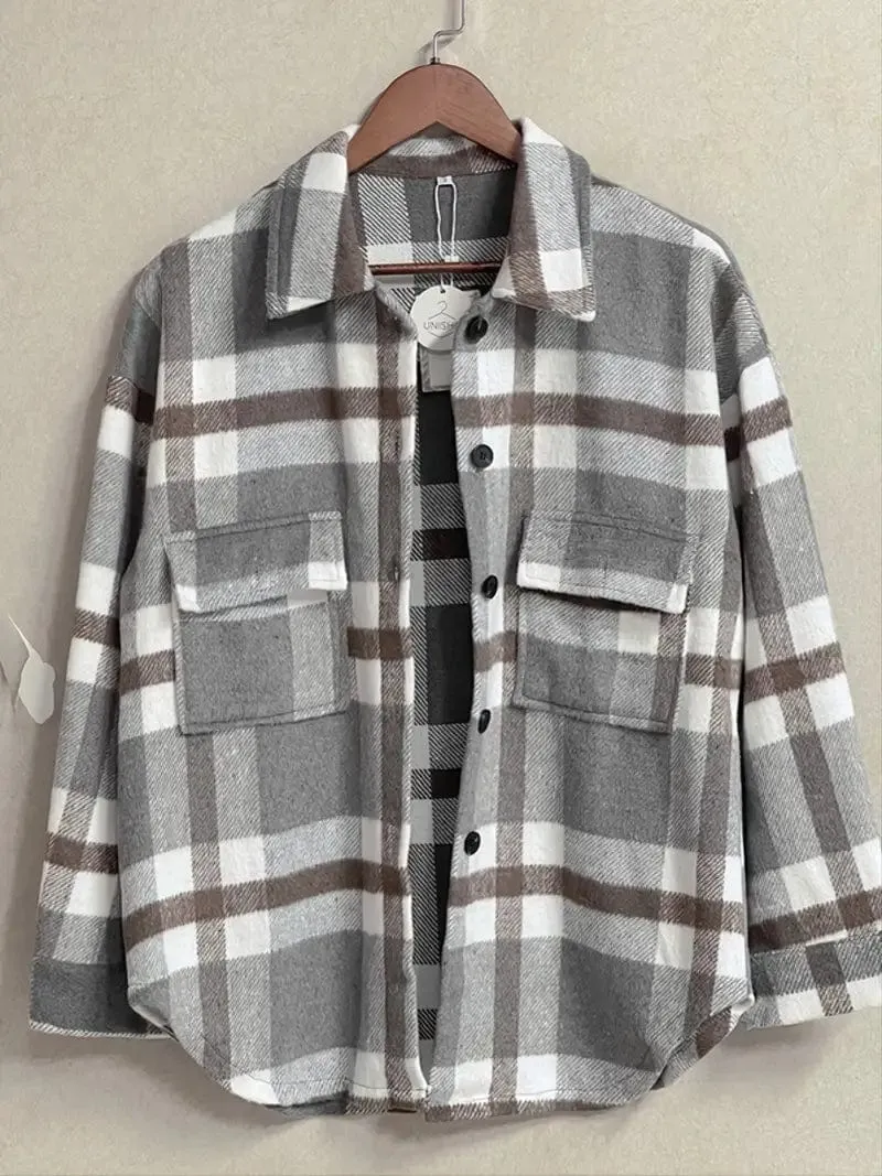 Button-Front Plaid Oversized Shirt