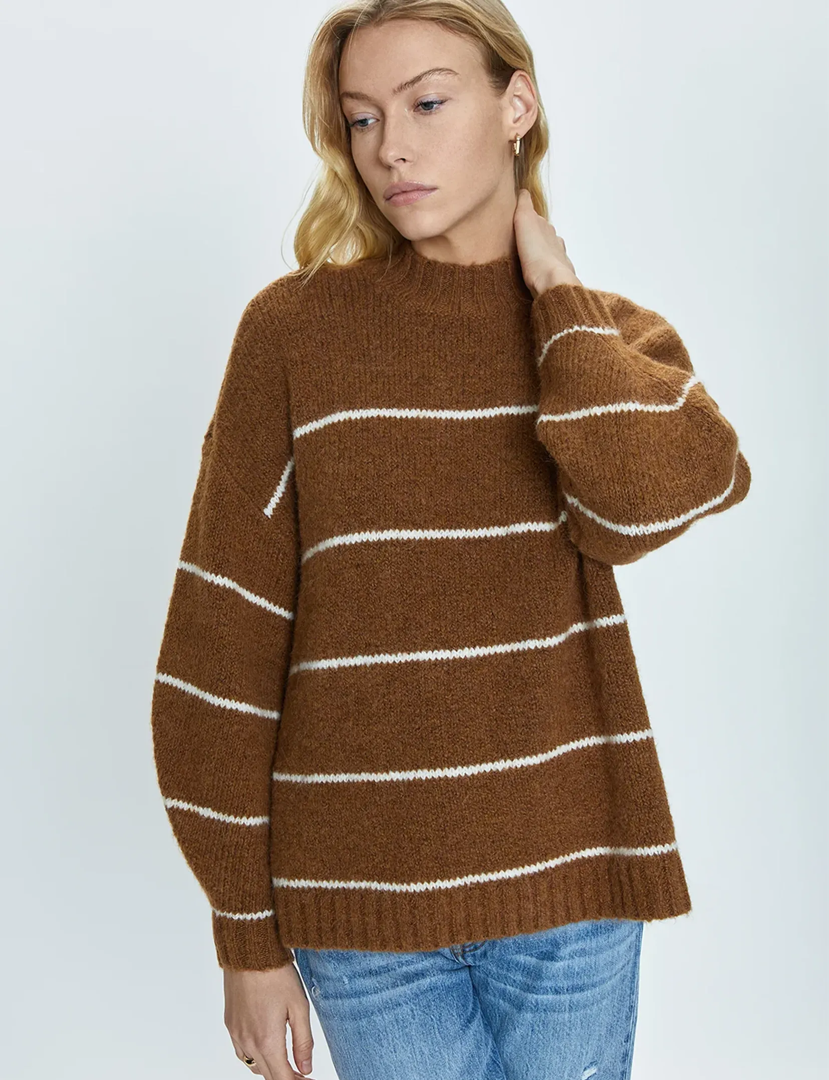 Carlen Mock Neck Sweater, Caramel/White Stripe