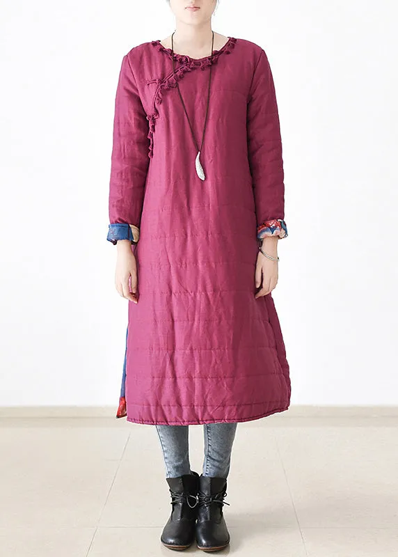 Chic Rose O-Neck Button Side Open Thick Linen Long Parka Witner