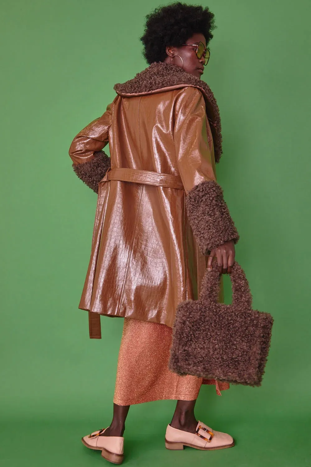 Chocolate Faux Leather Trench Coat with Faux Shearling Collar and Cuffs