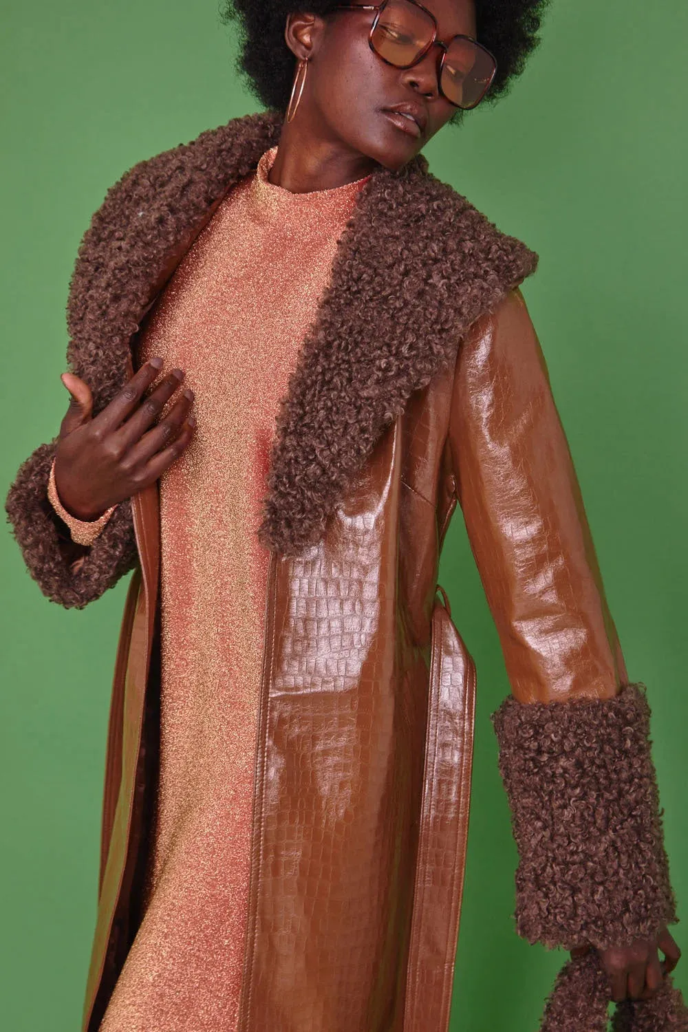 Chocolate Faux Leather Trench Coat with Faux Shearling Collar and Cuffs