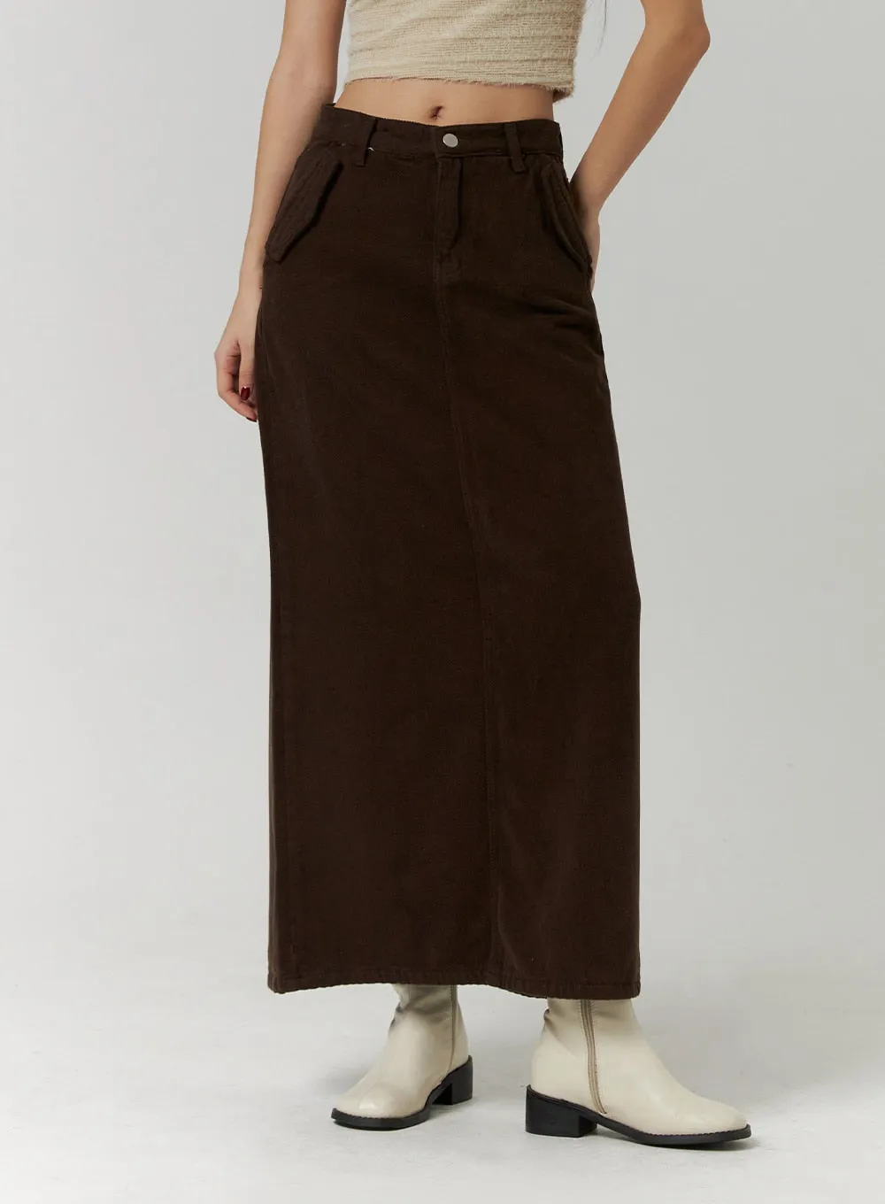 Corduroy Mid-Rise Solid Maxi Skirt CD315