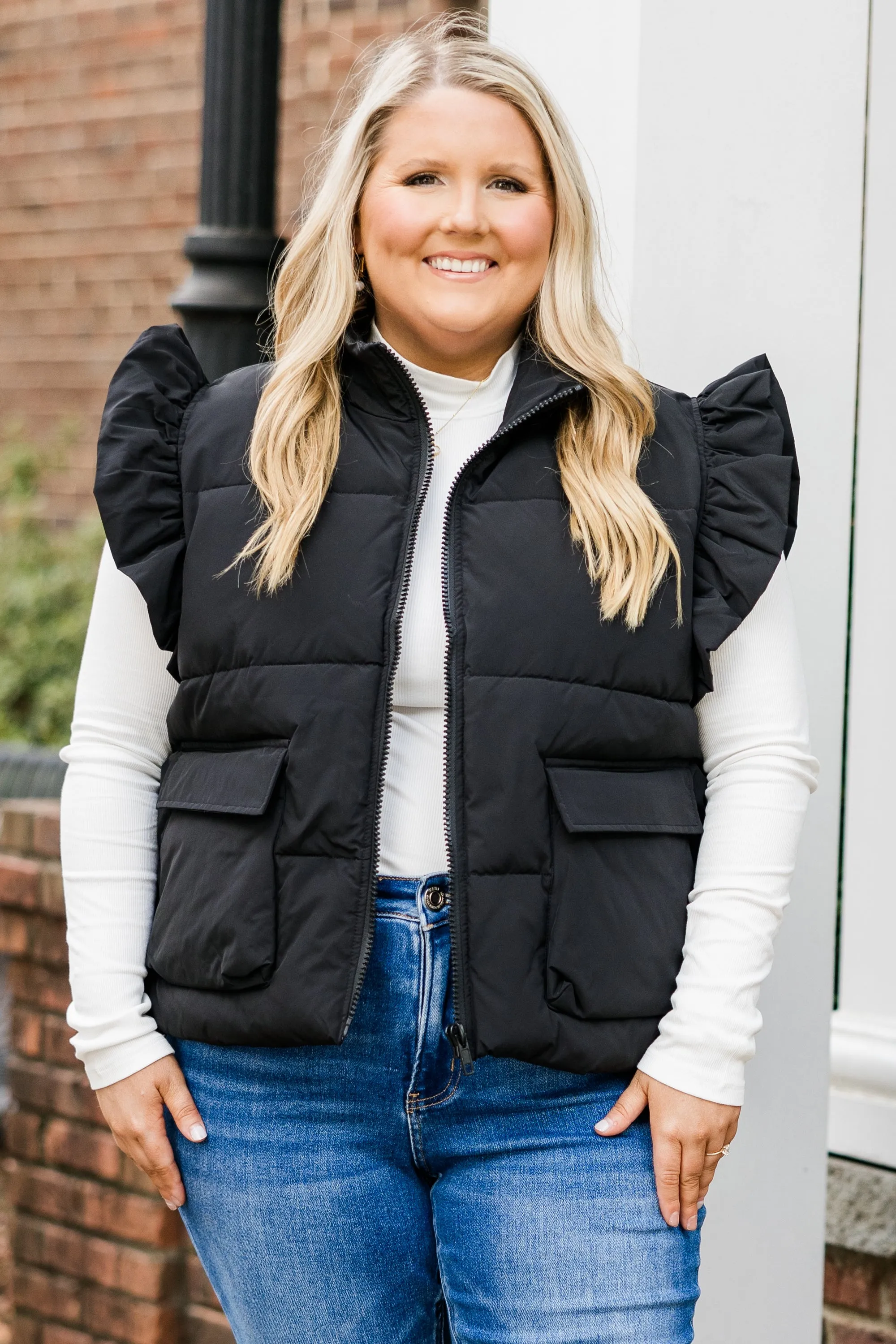 Cozy Ruffle Puff Vest, Black