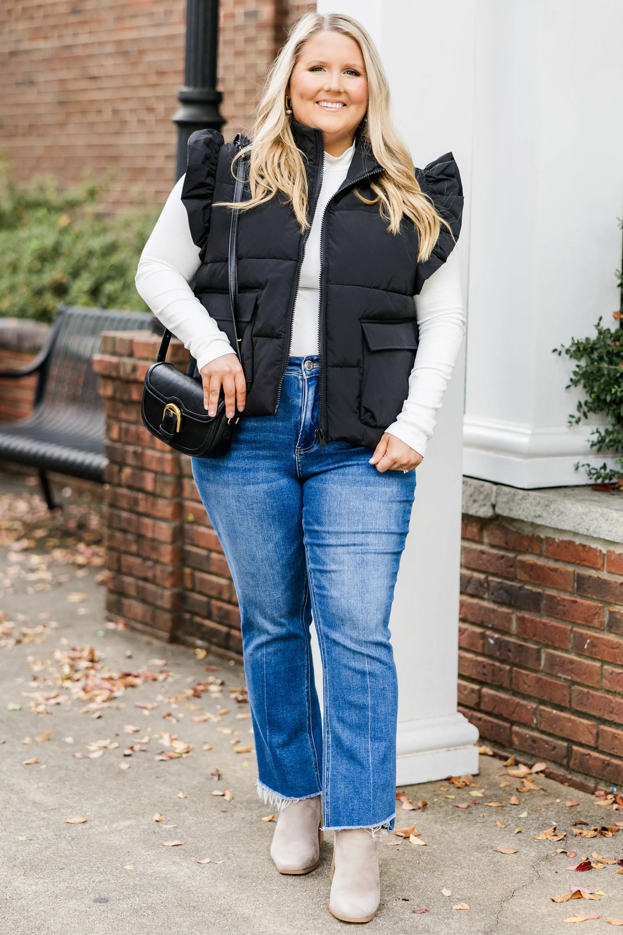 Cozy Ruffle Puff Vest, Black