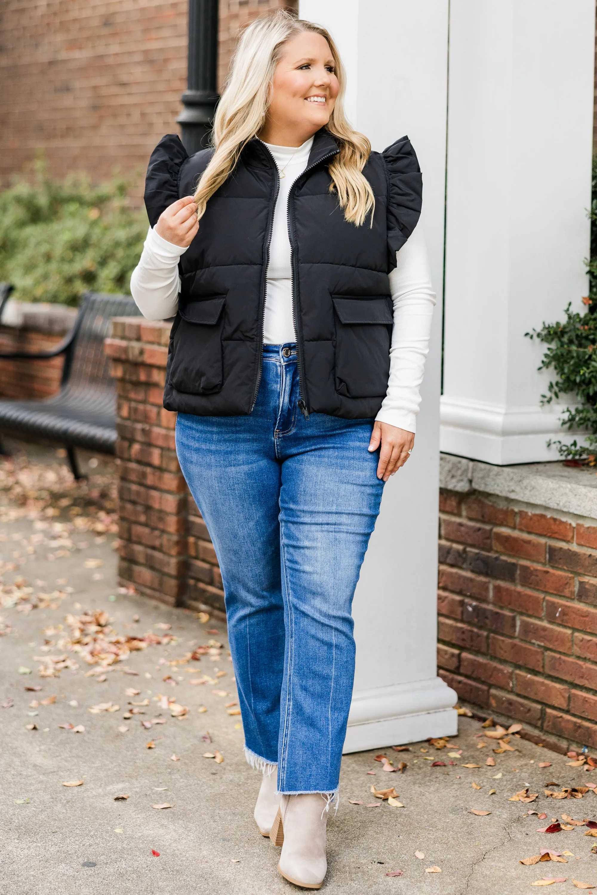 Cozy Ruffle Puff Vest, Black