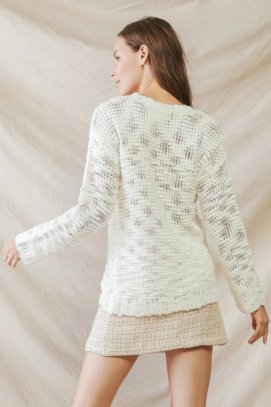 Cream Knit Crew Neck Long Sleeve Sweater /3-2-1