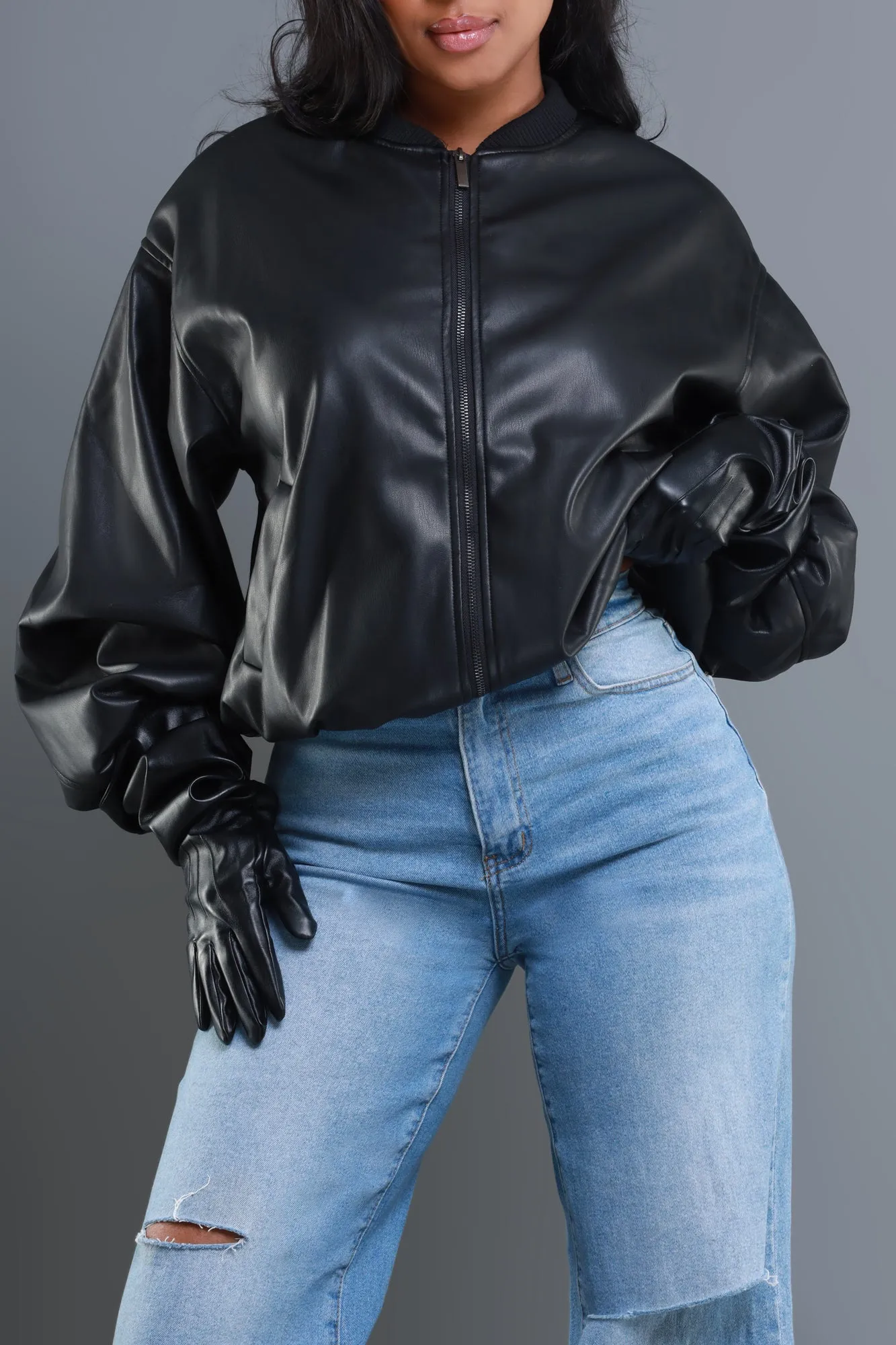 Drag Me Faux Leather Bomber Jacket - Black