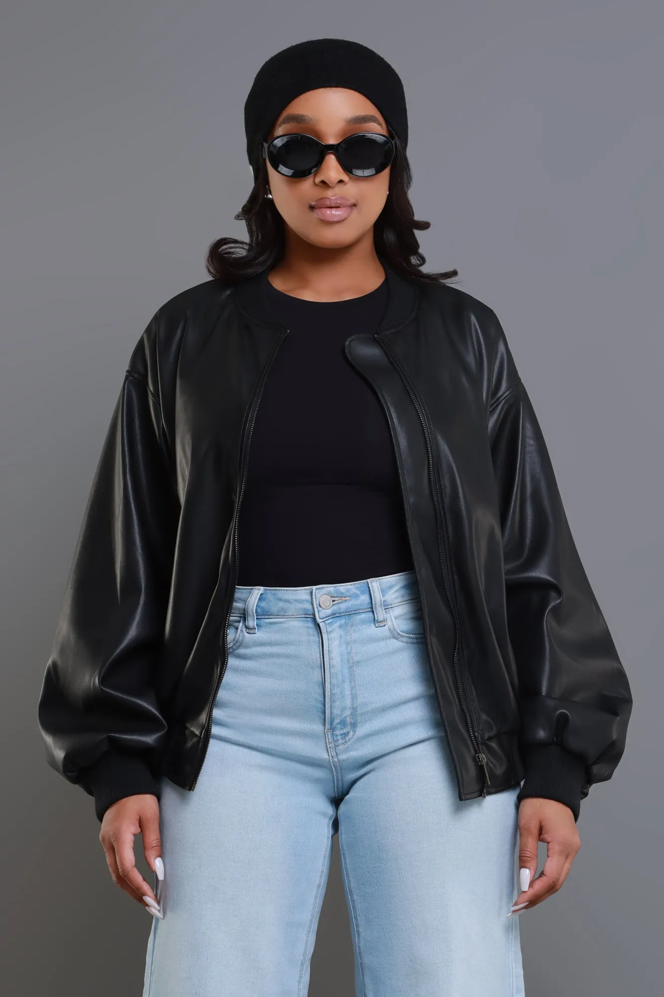 Drag Me Faux Leather Bomber Jacket - Black