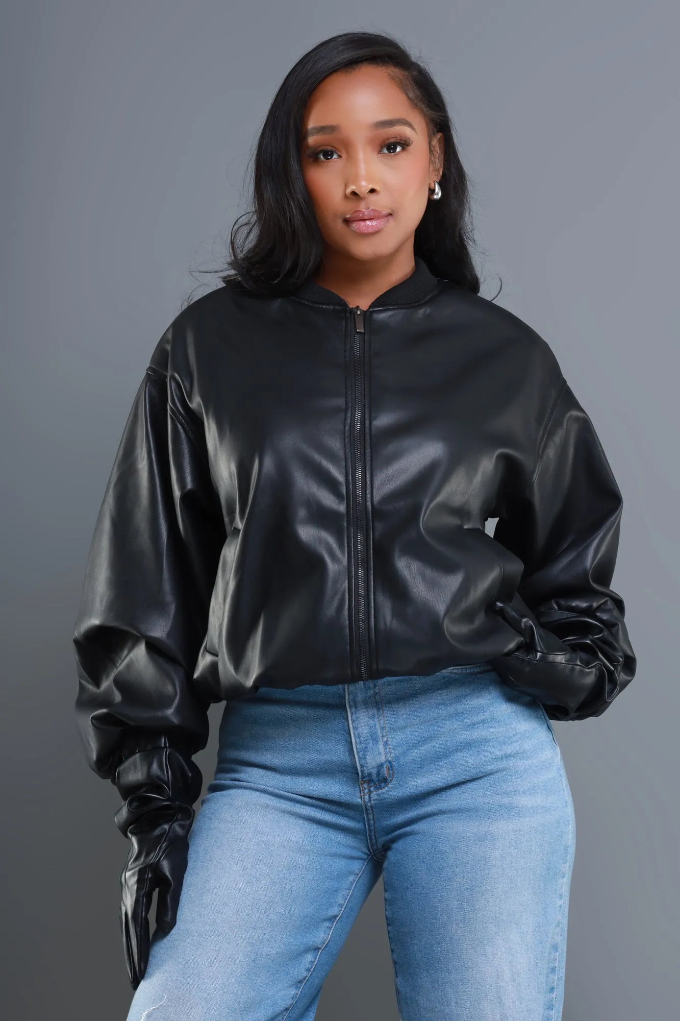 Drag Me Faux Leather Bomber Jacket - Black