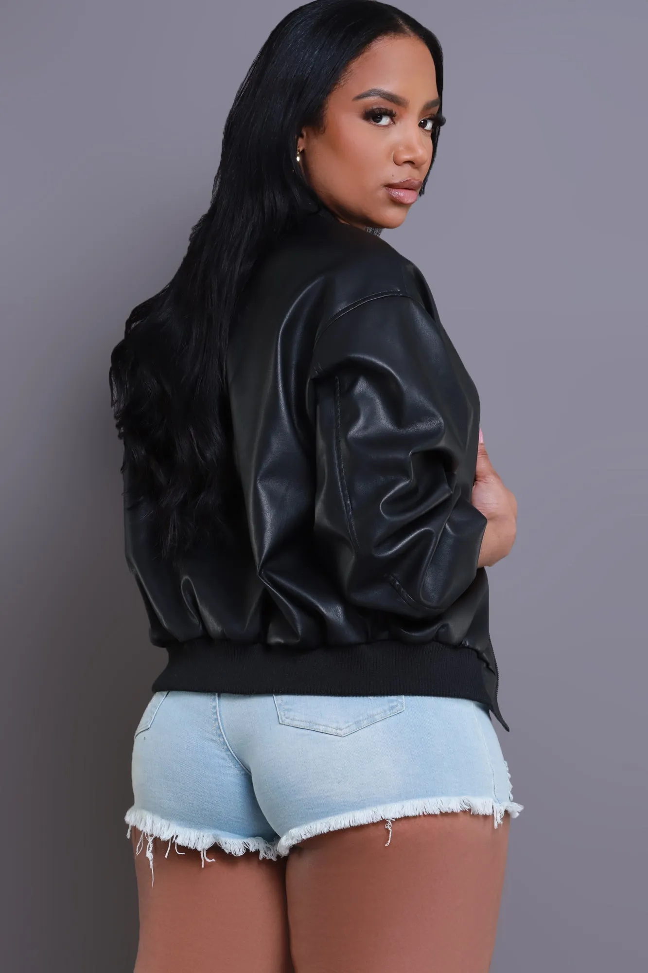 Drag Me Faux Leather Bomber Jacket - Black