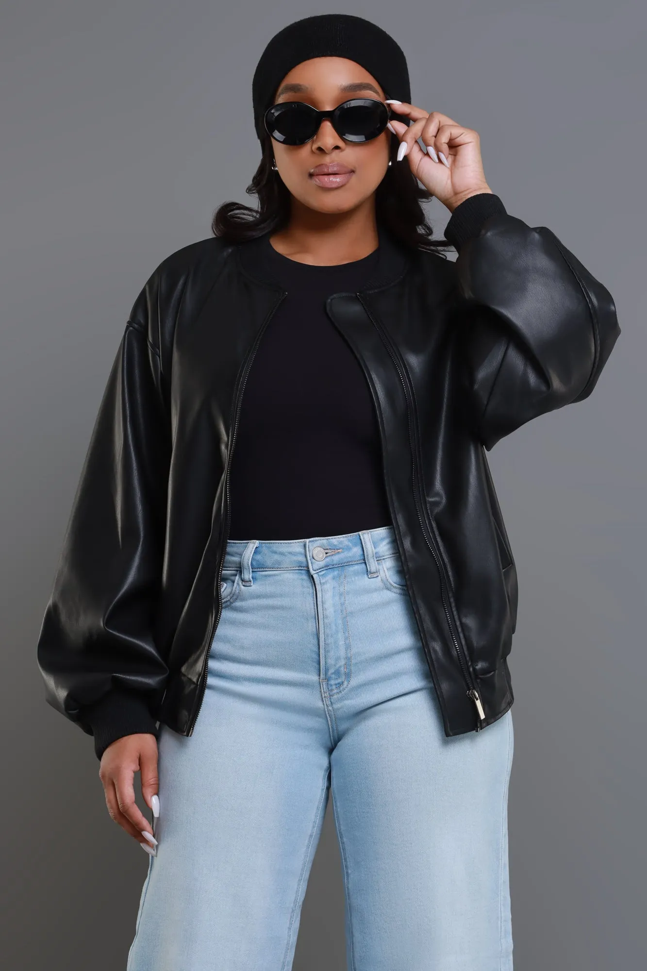 Drag Me Faux Leather Bomber Jacket - Black