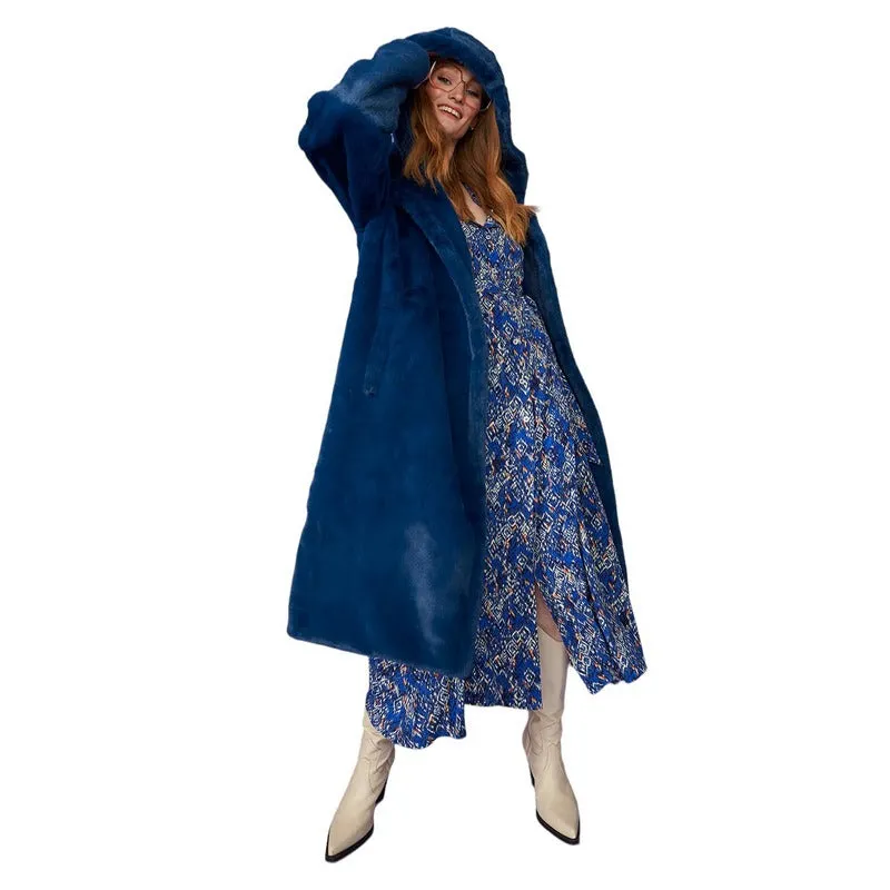 Faux Shearling Long Hooded Coat Blue