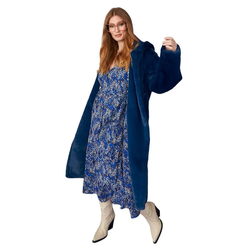 Faux Shearling Long Hooded Coat Blue