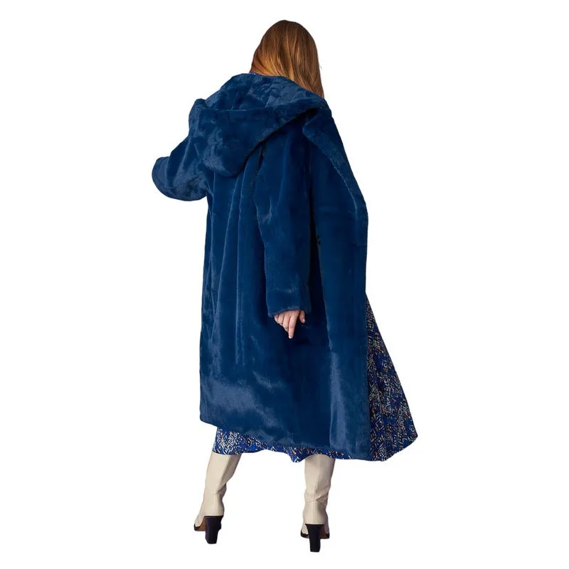 Faux Shearling Long Hooded Coat Blue