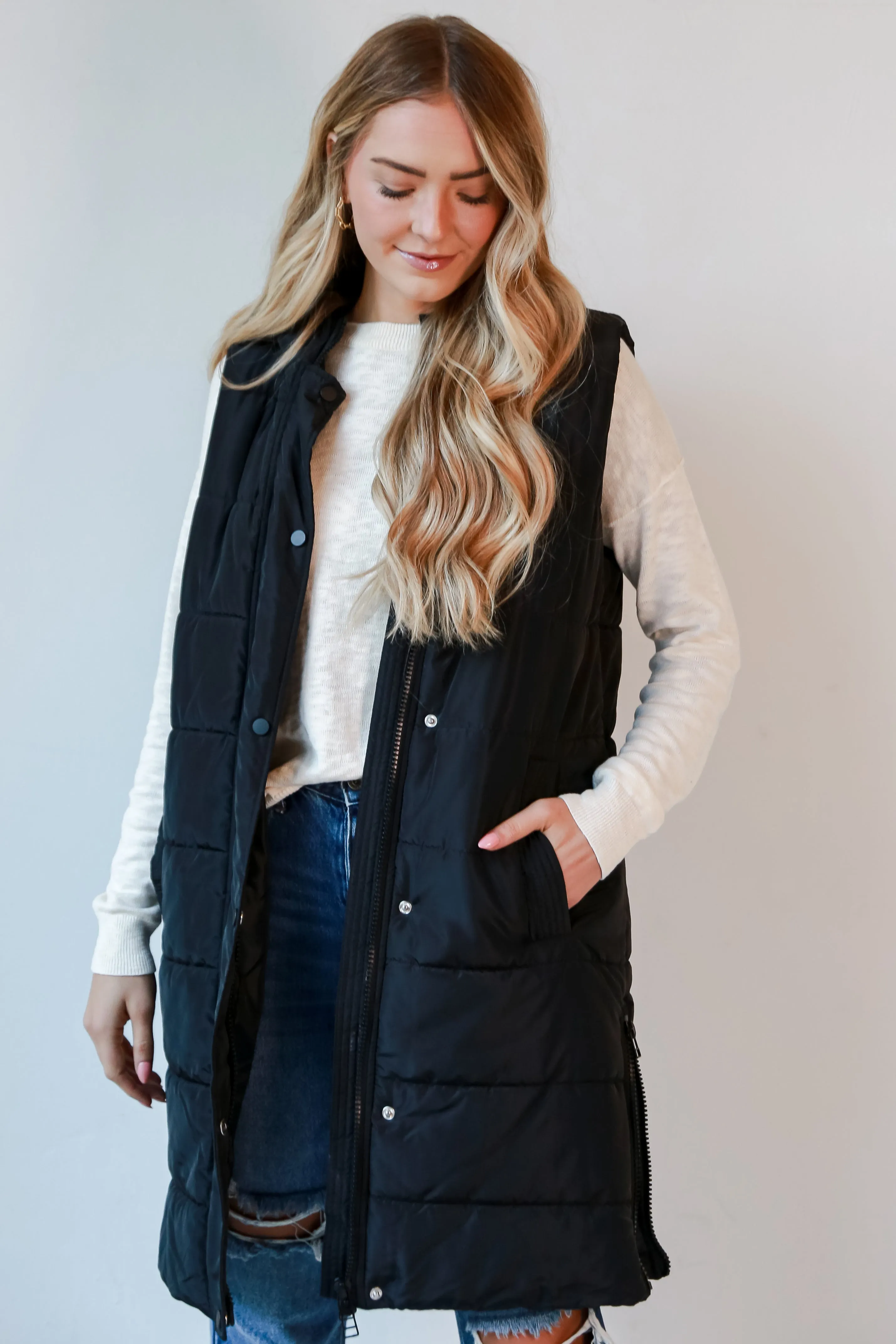 FINAL SALE - In The City Black Quilted Hooded Longline Puffer Vest