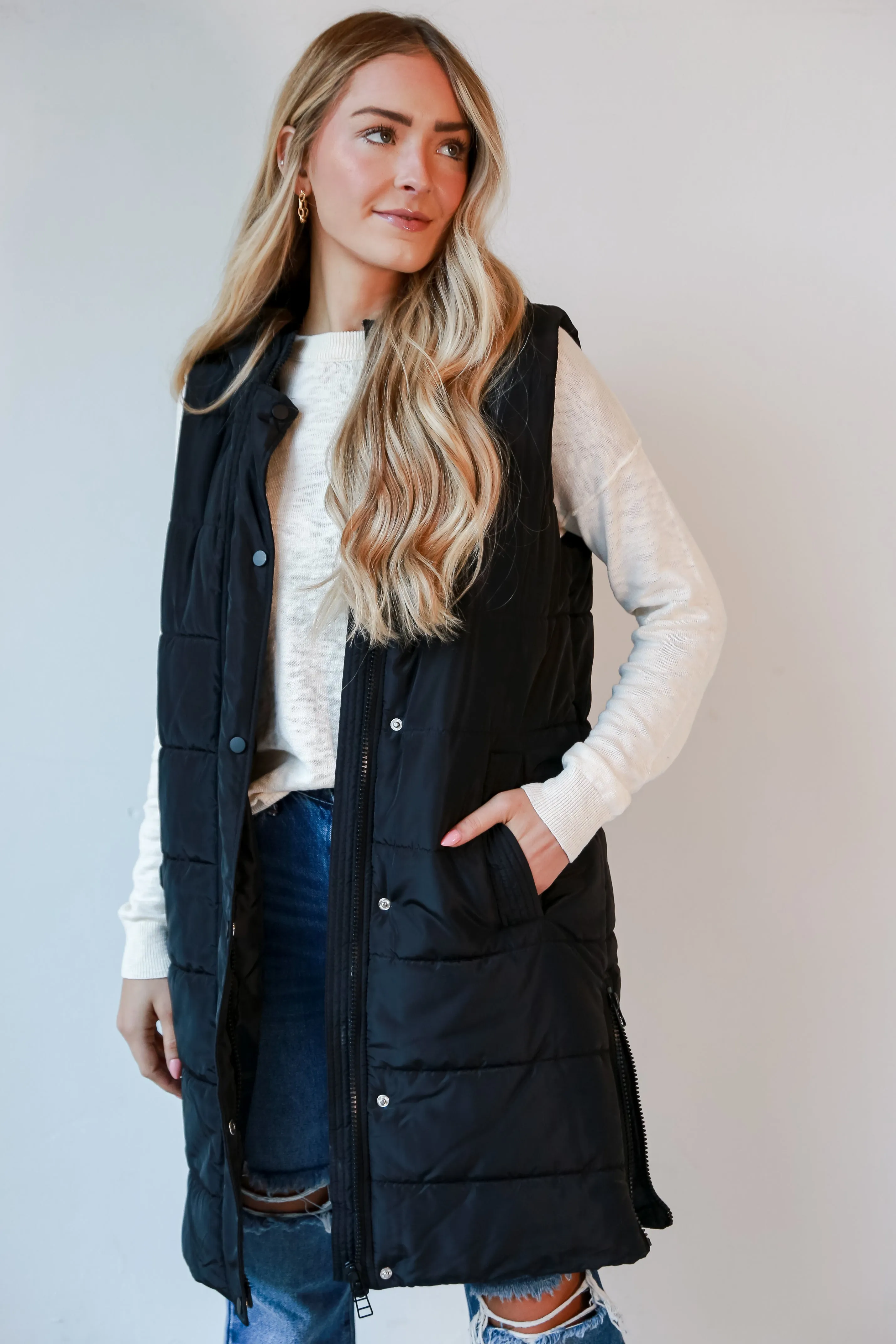 FINAL SALE - In The City Black Quilted Hooded Longline Puffer Vest