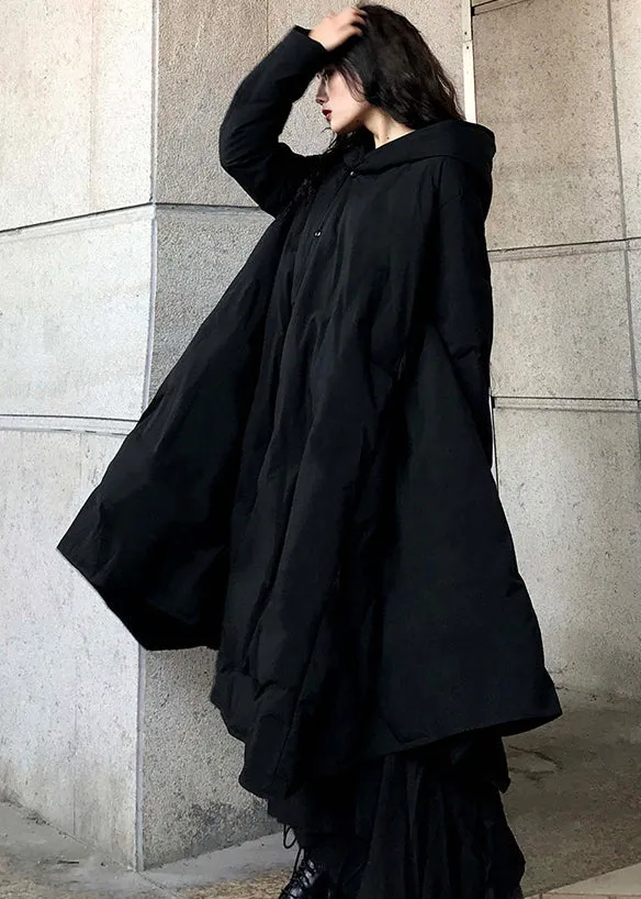 Fine Black Hooded Pockets Fine Cotton Filled Parka Winter