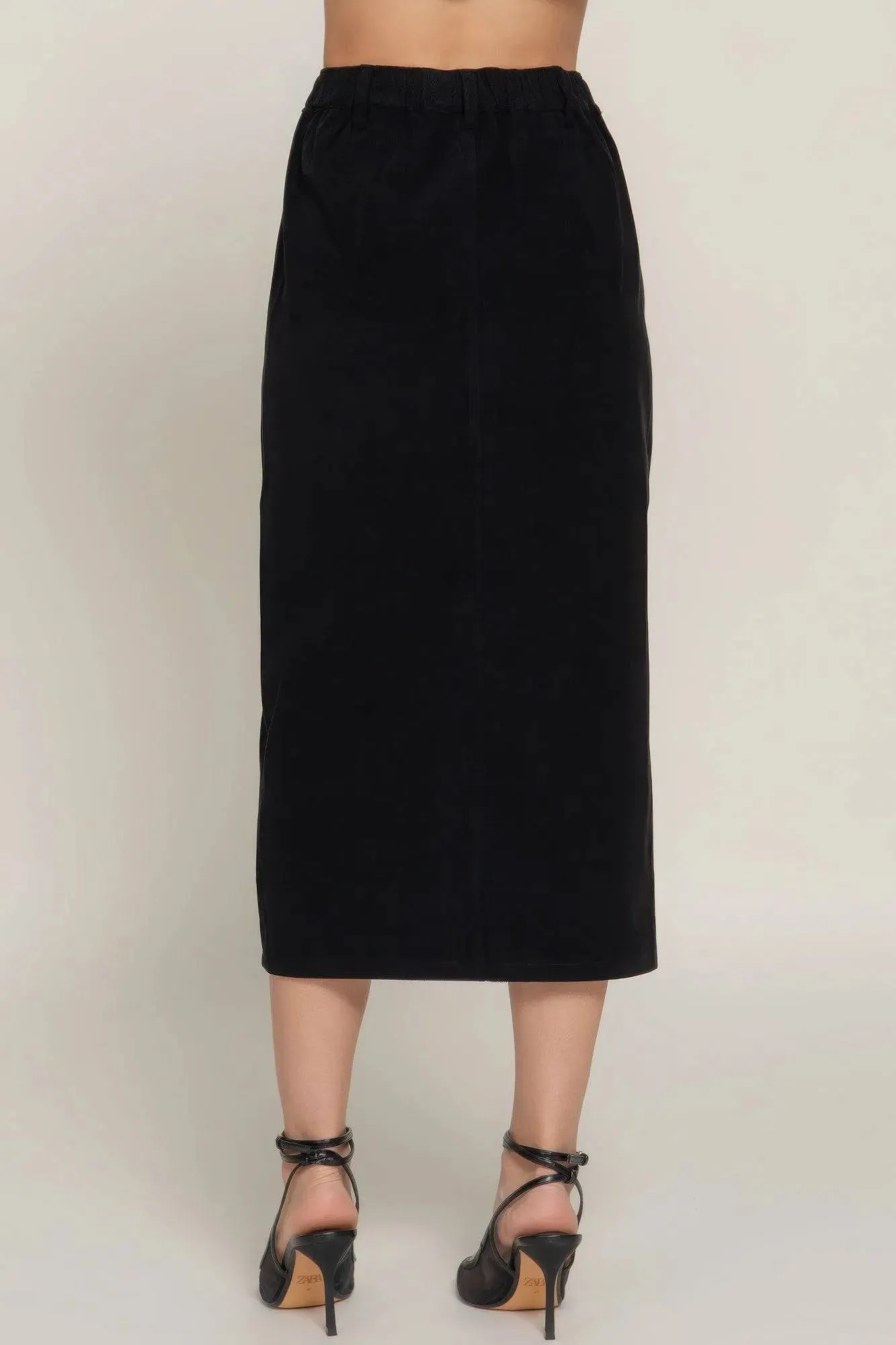 Front Open Slit Corduroy Midi Skirt