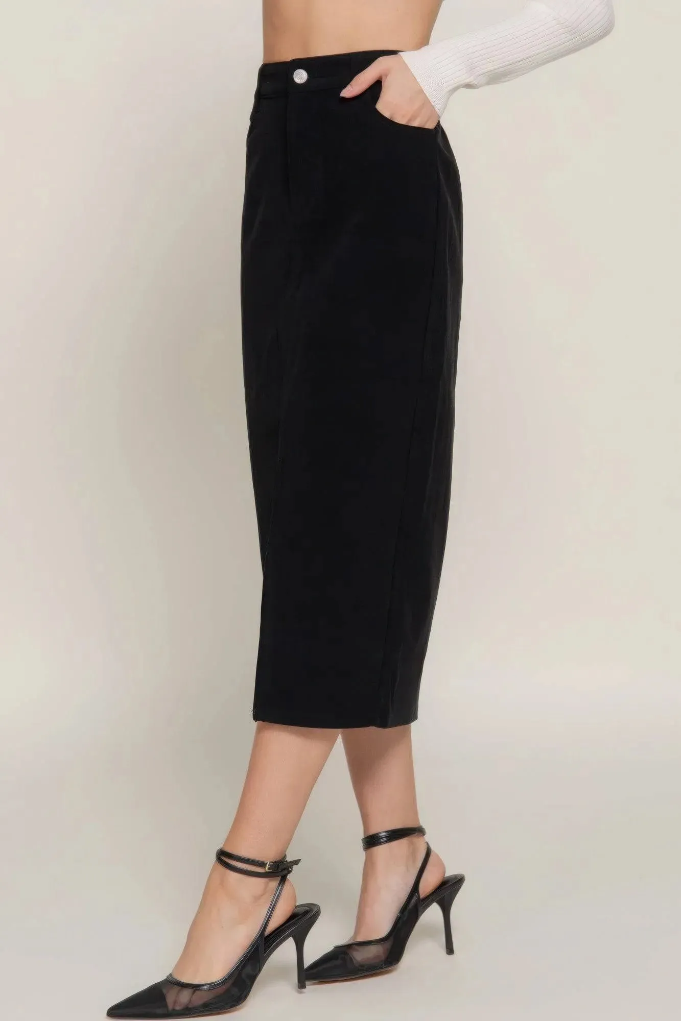 Front Open Slit Corduroy Midi Skirt