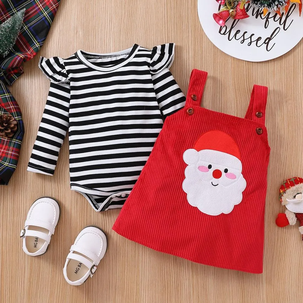 Girls Christmas Striped Baby Autumn Corduroy Strap Skirt Embroidery Suit Wholesale Baby Clothes