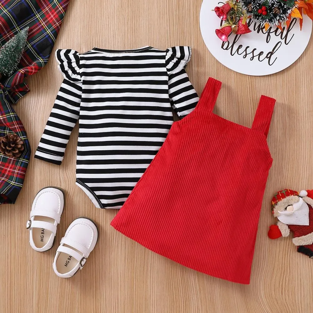 Girls Christmas Striped Baby Autumn Corduroy Strap Skirt Embroidery Suit Wholesale Baby Clothes