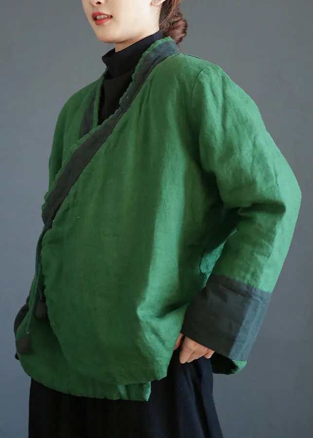 Green V Neck Tie Waist Warm Fleece Linen Parka Winter