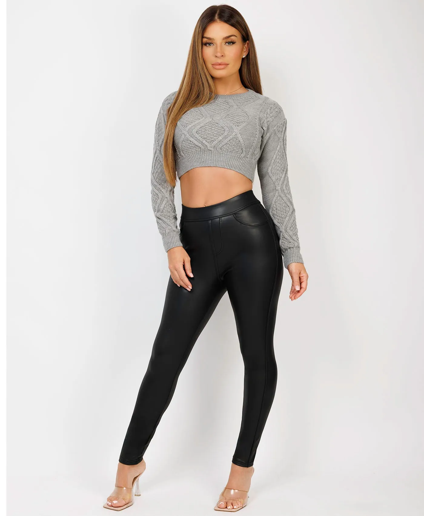 Grey Twist Pattern Cropped Knitted Sweater