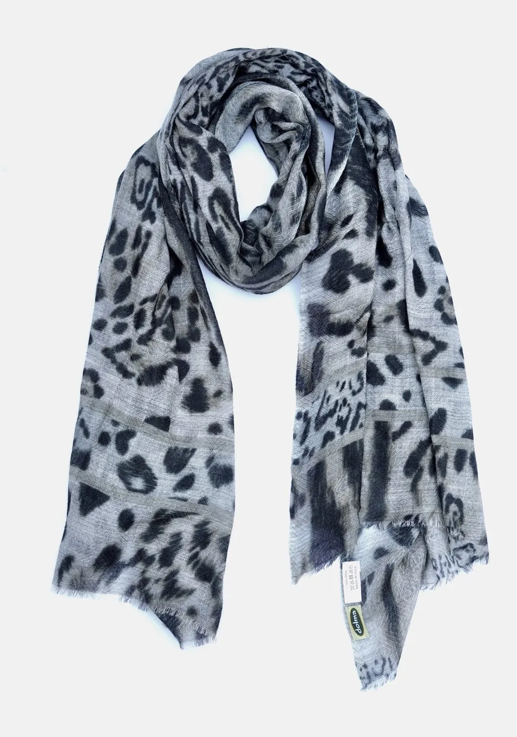 Himalayan Leopard Print Wool Scarf/Wrap Grey