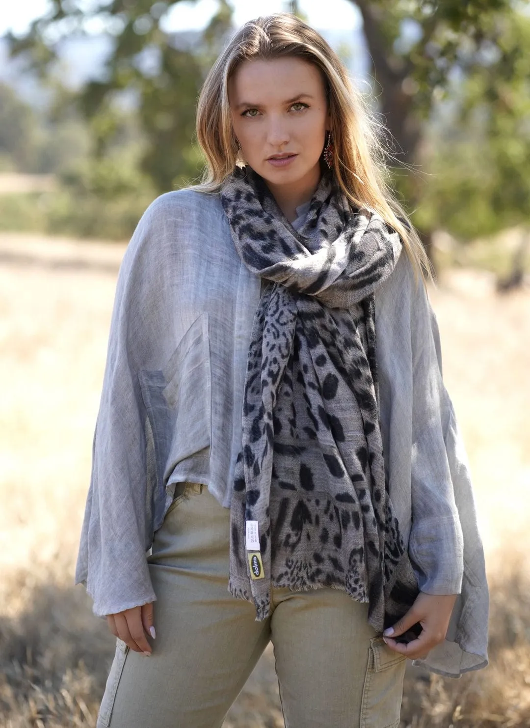 Himalayan Leopard Print Wool Scarf/Wrap Grey