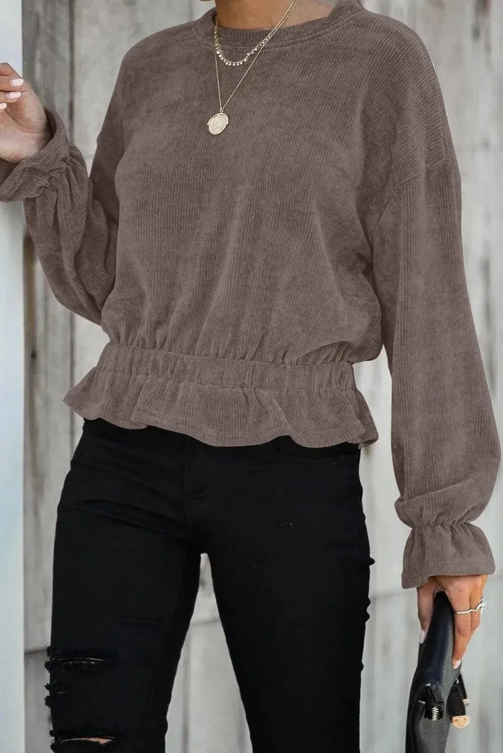 Khaki Corduroy Ruffle Frilled Long Sleeve Top