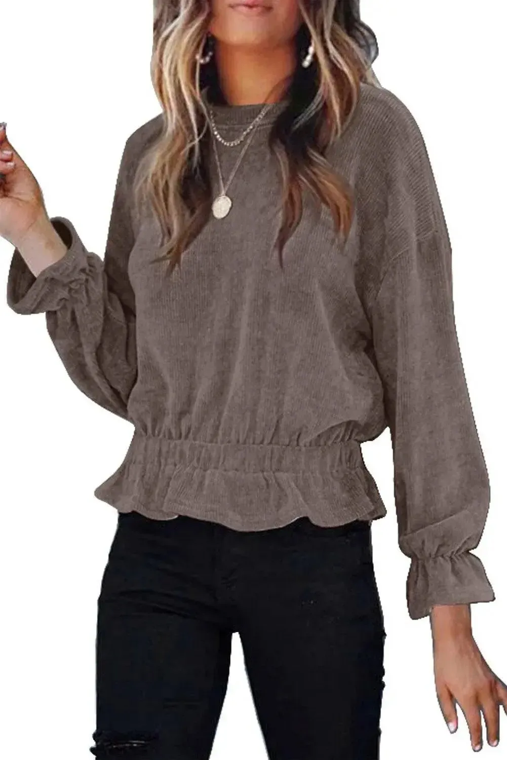 Khaki Corduroy Ruffle Frilled Long Sleeve Top