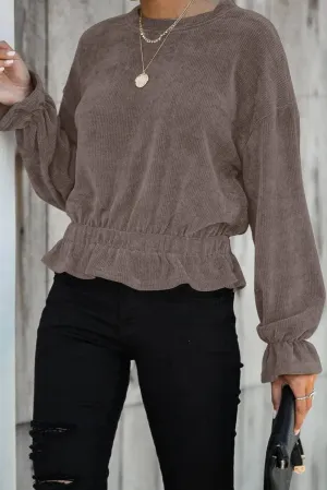 Khaki Corduroy Ruffle Frilled Long Sleeve Top