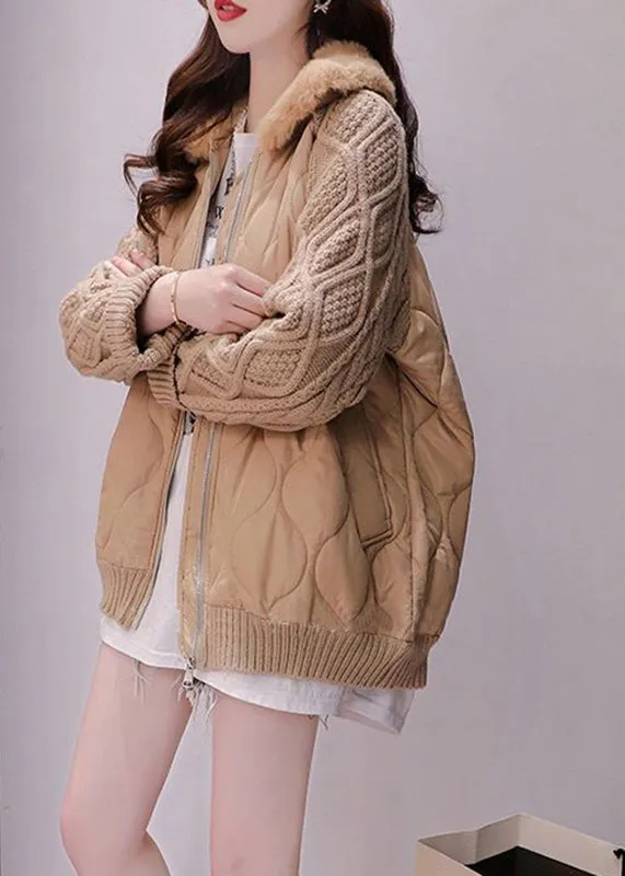 Khaki Fur Collar Zippered Knit Patchwork Parka Winter